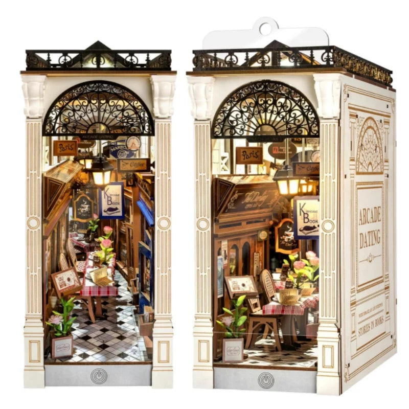 Robotime arcade dating booknook with dust cover diy miniature dolls house kit 3d wooden puzzle bookend bookshelf decor
