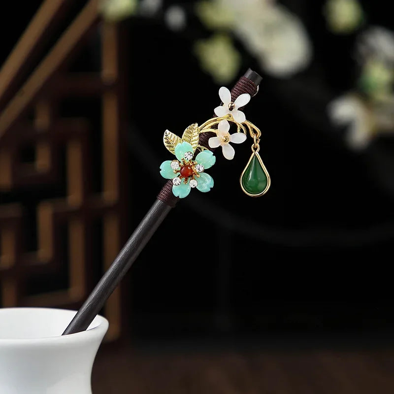 1pc wooden hair stick chinese style winding flower hairpin with tassel elegant lady clip accessories vintage 2024