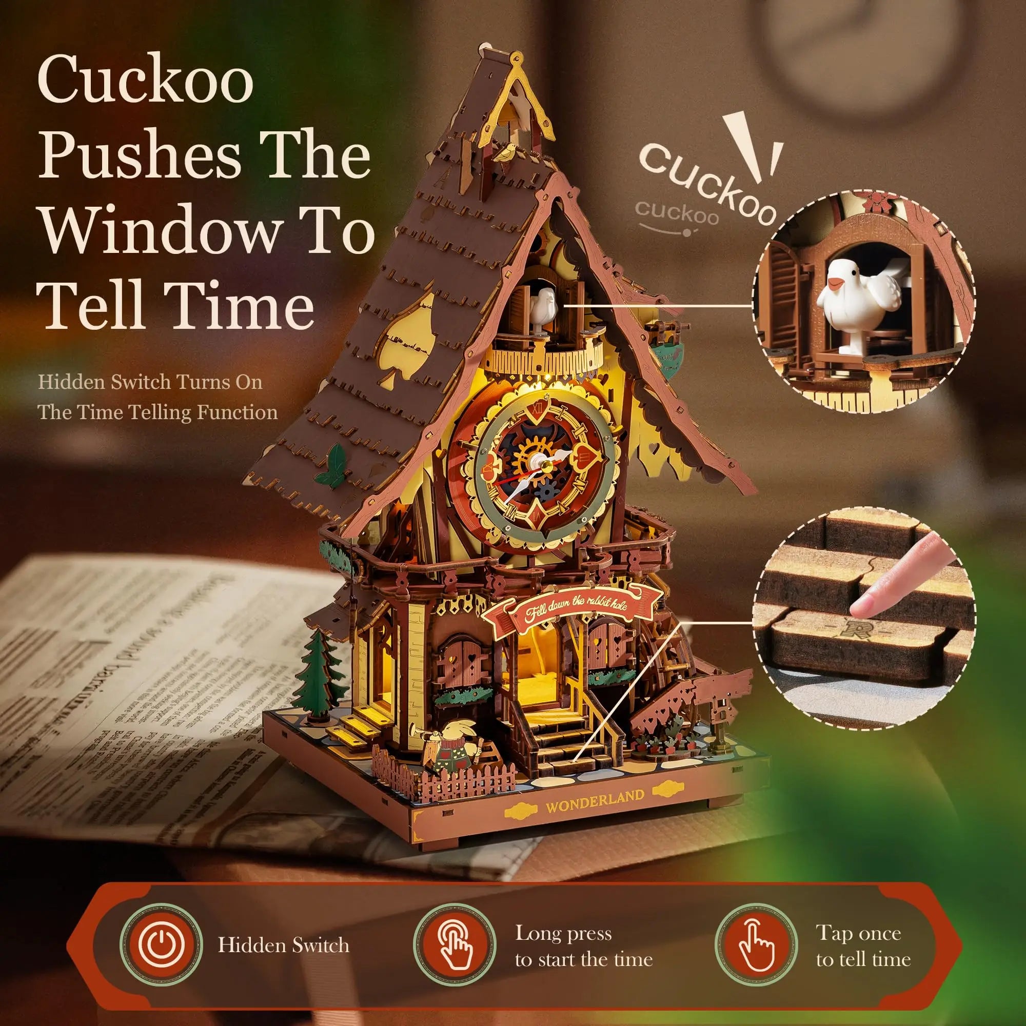 Robotime rokr cuckoo clock mechanical 3d wooden puzzle pre-colored wall building block kits home deco beautiful design