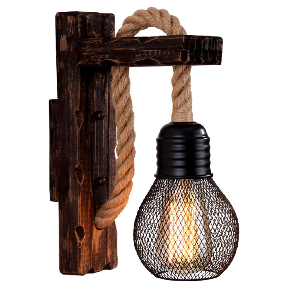 Vintage wood hemp rope wall lamps fixture retro hallway bedside loft light luminaire industrial american decor lighting