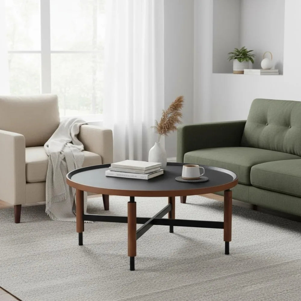 Modern round coffee table circle wooden top with black cross legs base rustic vintage living room easy assembl - united