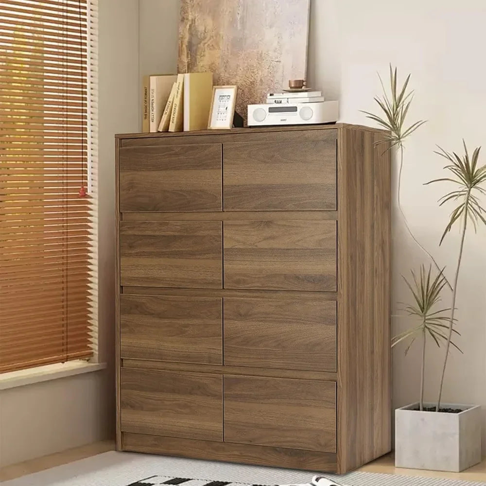 Modern tall 8-drawer double dresser in wood for bedroom storage