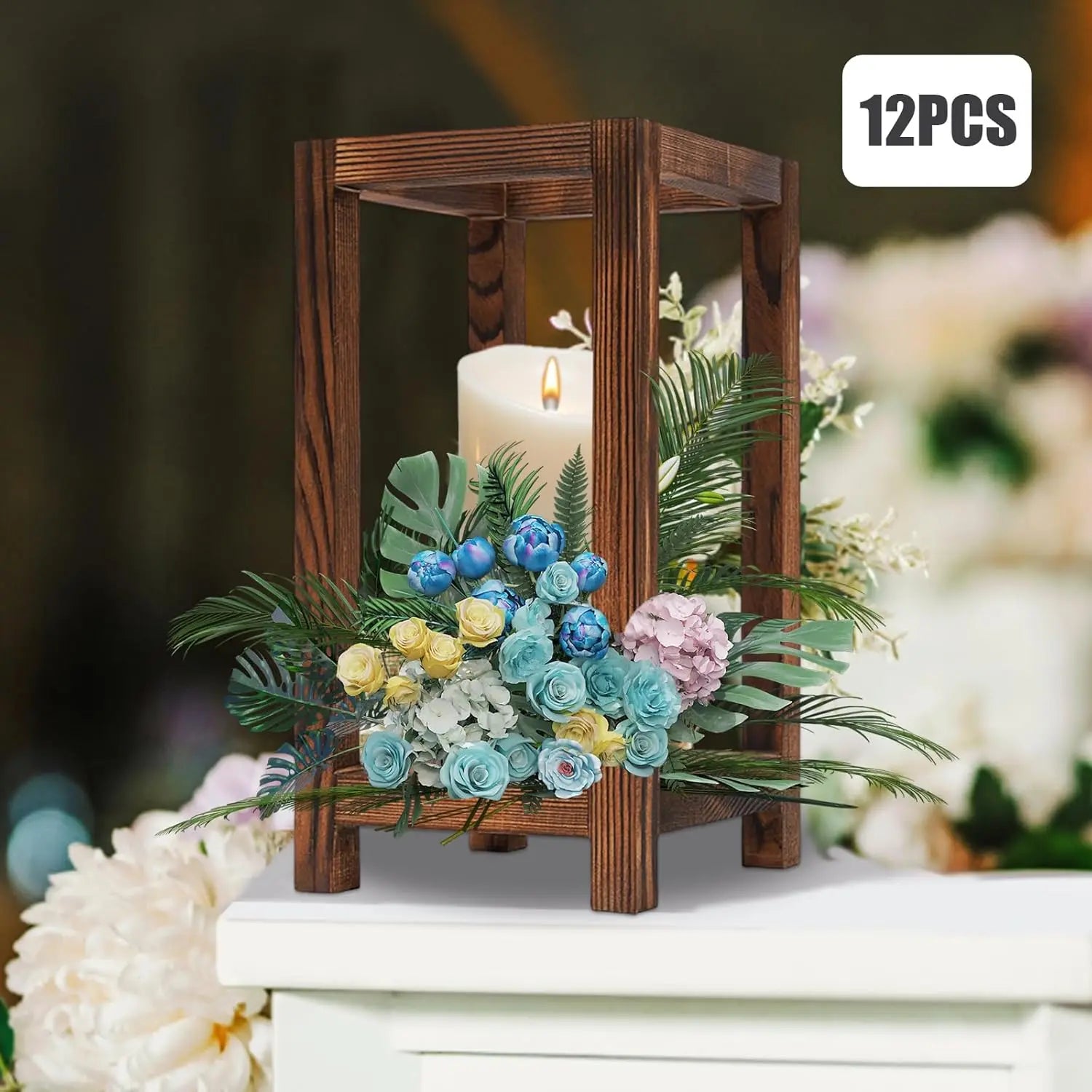 12 pcs wooden lanterns 10.6 inch rustic candle holders solid wood centerpieces for wedding christmas table decor