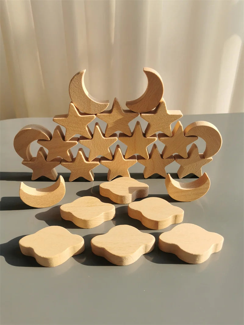 Rainbow wooden stacking star heart blocks pastel nordic beech moon clound open-ended play - game
