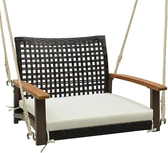 1-person outdoor rattan swing chair with cushion single bench featuring acacia wood armrests and hanging hemp rope