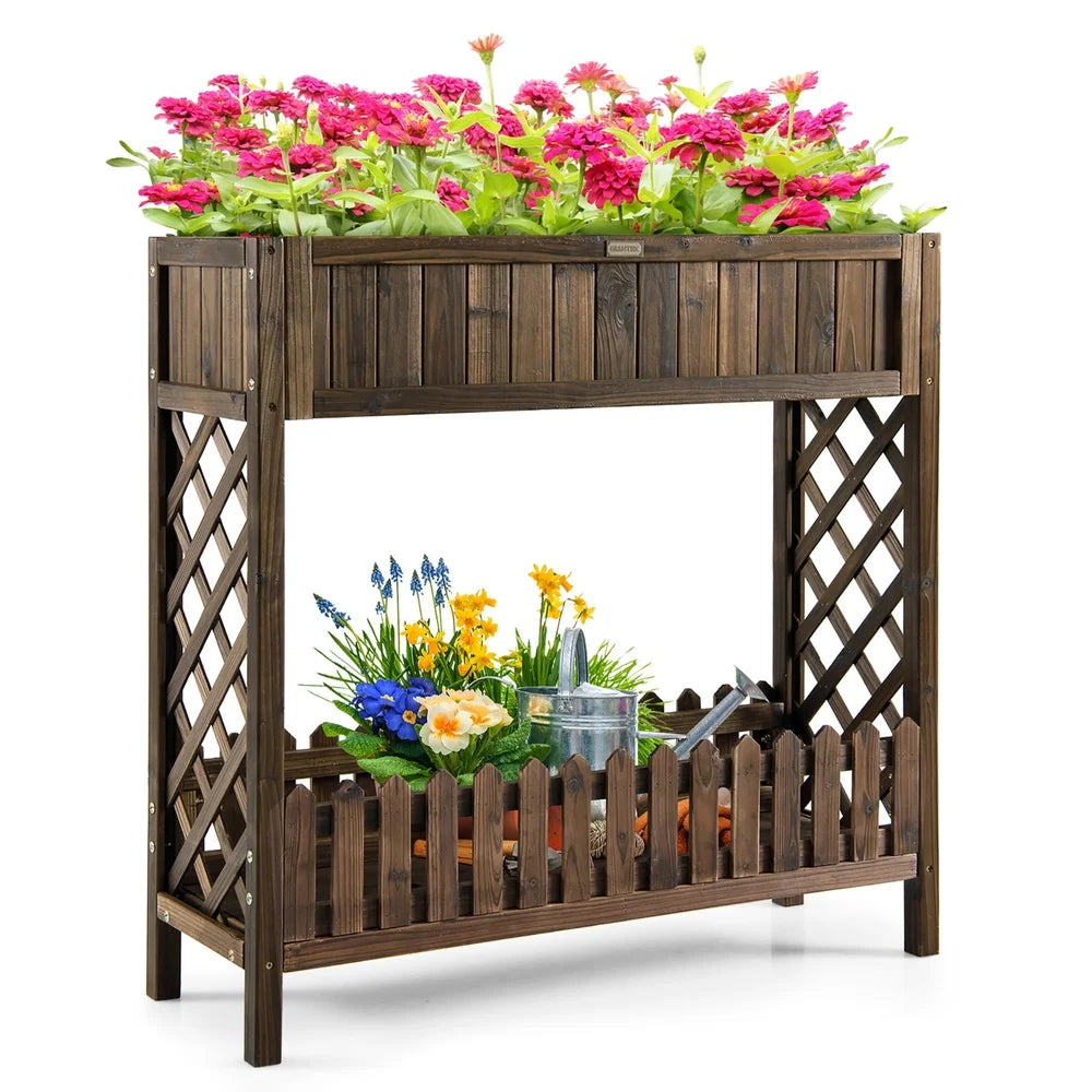 2-tier wooden raised garden bed planter box with bottom storage shelf vegetables fruits herbs ergonomic height design