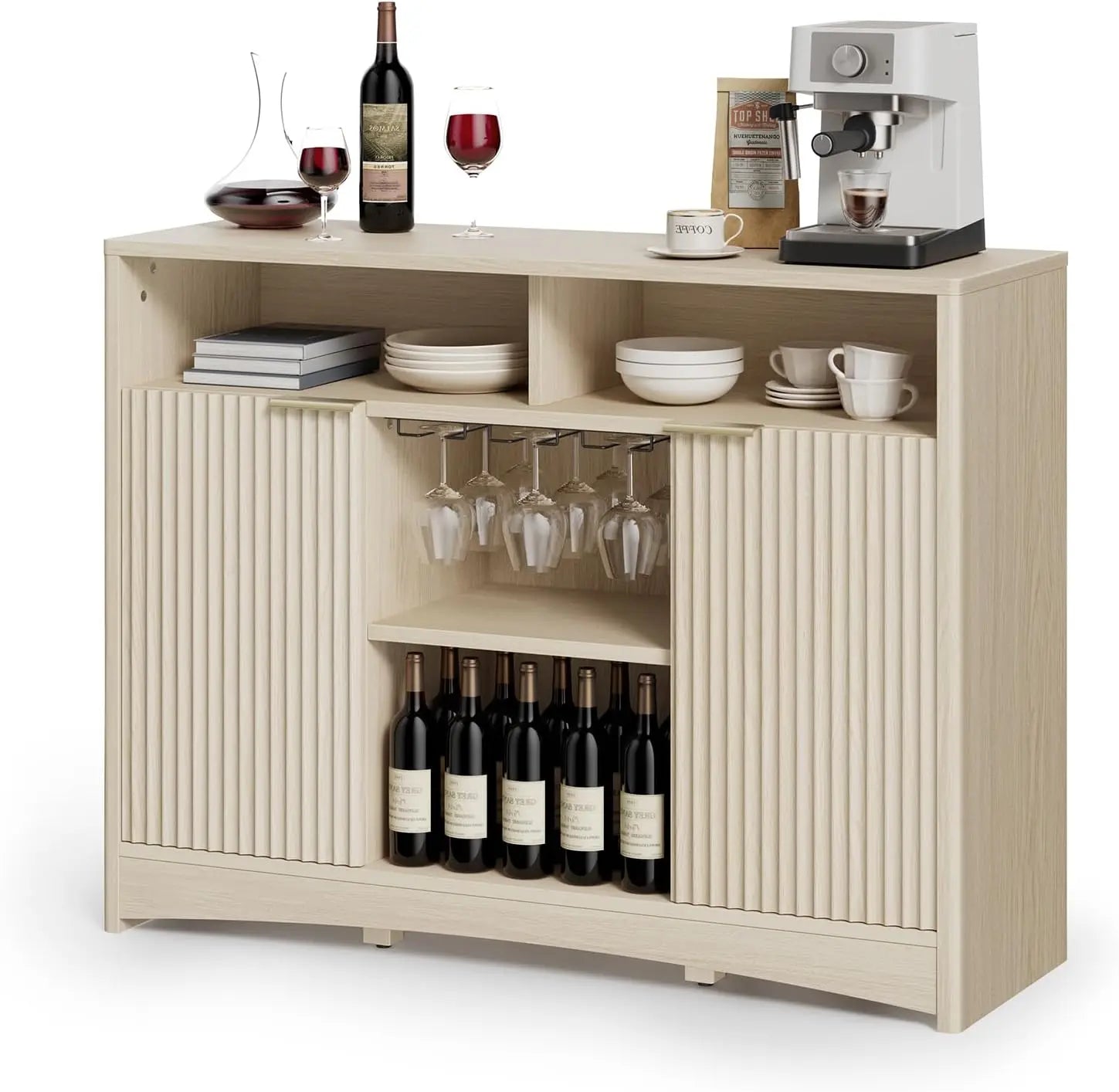 Modern coffee bar cabinet with storage fluted wood buffet sideboard wine and glass rack liquor adjustable - natural oak