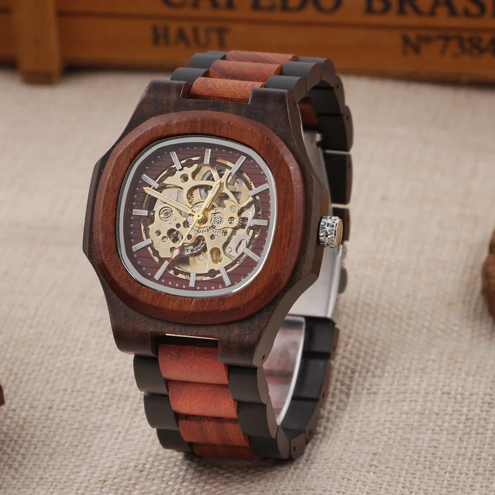 Red and black contrasting wooden men’s mechanical watch fashionable classic steampunk hollow clock the best holiday