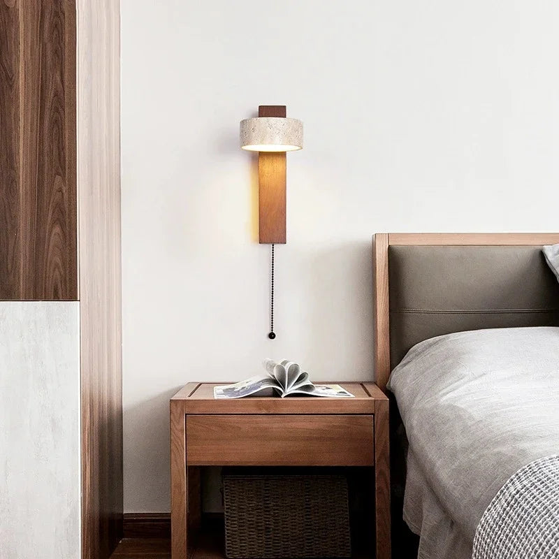 Cream style bedroom bedside wall lamp with pull switch wire rotatable led light stone homestay log wood walnut soft