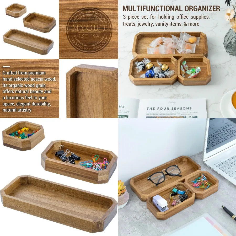 Premium solid acacia wood octagonal desk organizer trays for office and home use 3-piece set with elegant storage