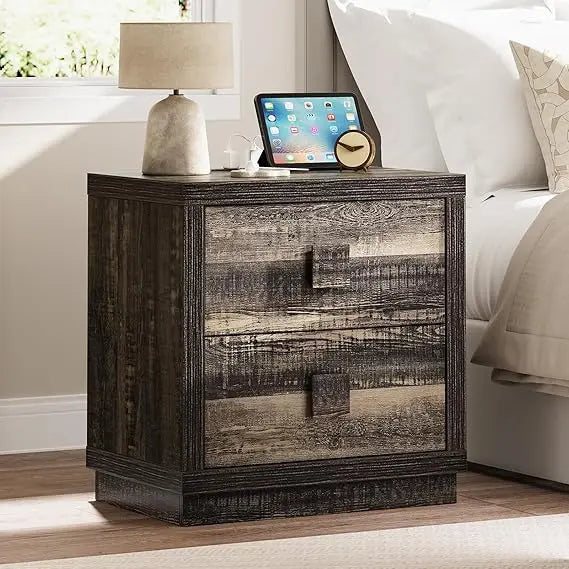 23.4’’ modern 2-drawer nightstand with charging station for bedroom wooden bedside table - united states / dark rustic