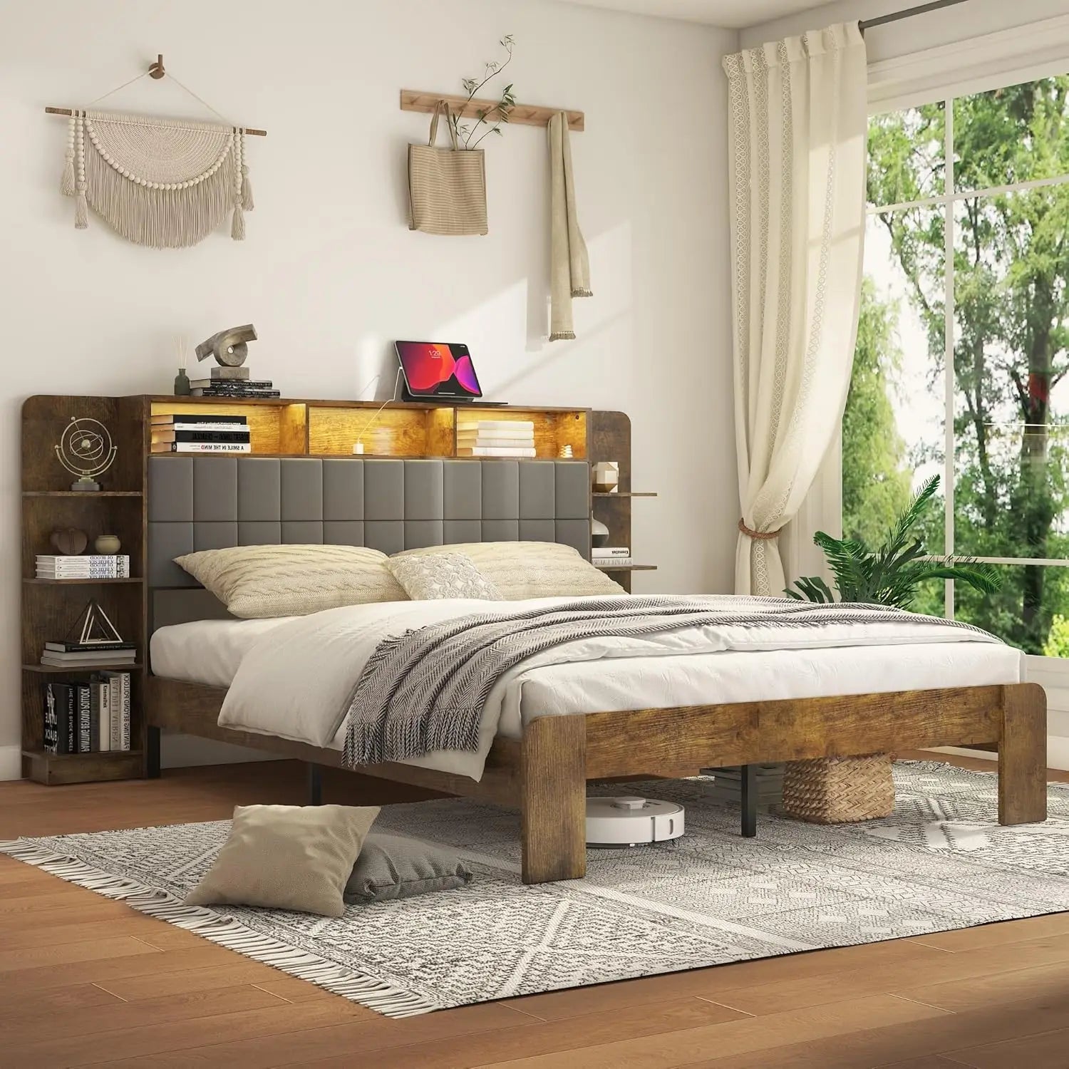 Wooden queen size bed frame with storage headboard farmhouse platform bedframe charging station & led lights - brown