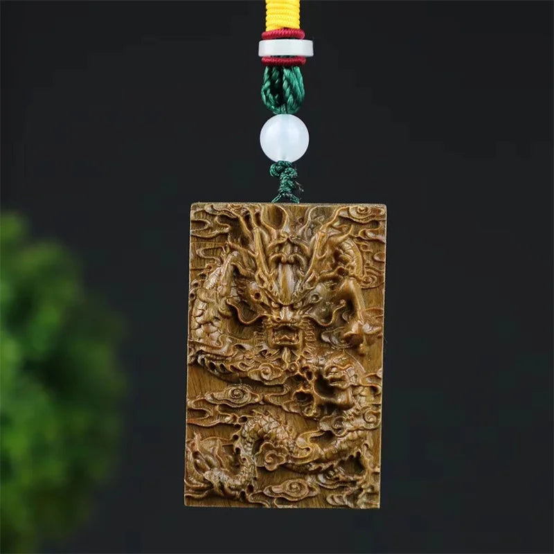 Hign-end green sandalwood carving dragon tiger card pendant for men jewelry personality wood pendants necklace male