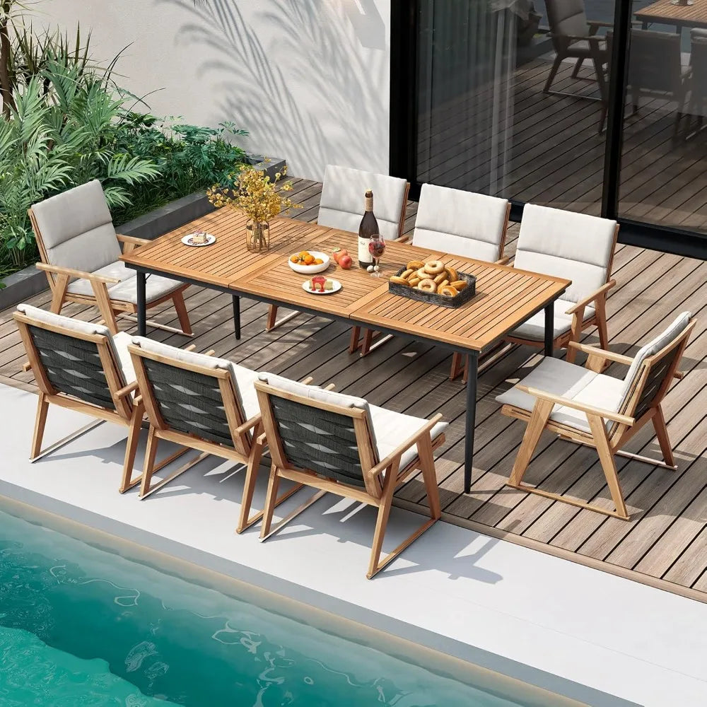 Outdoor dining table for 8 79 inch acacia wood patio with 1.9” umbrella hole metal frame & anti slip foot pads indoor