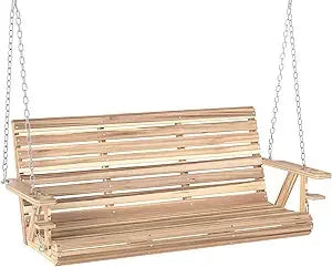 Upgraded wooden porch swing 3-seater 5 ft outdoor patio bench with cupholders hanging chains chair for pat - natural