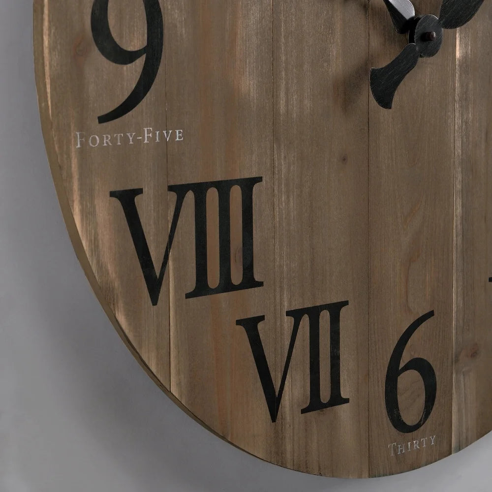 Rustic wall clock round analog wooden barn wood design large numbers home decor 24 inch hanging battery operated