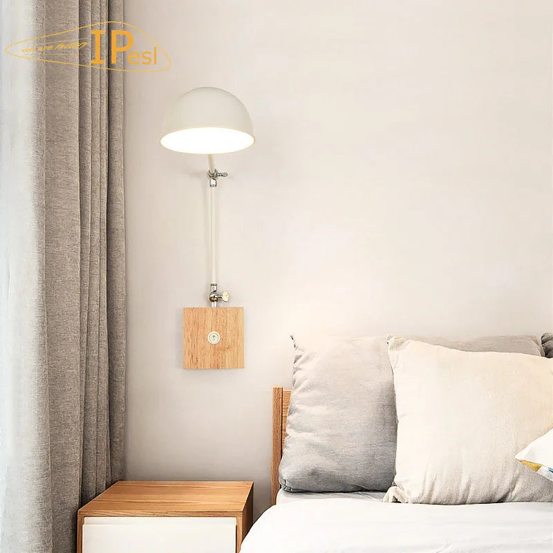 Modern nordic wood wall lamp with switch bedhead bedside lights adjustable bedroom room home decoration e27 110v 220v