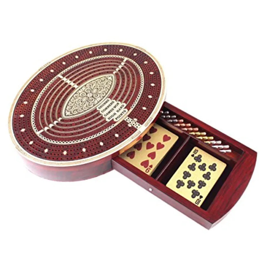 Oval shape 4 tracks continuous cribbage board and box in bloodwood maple with place for skunks corners won games high