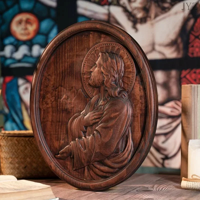 High quality vintage jesus praying oval wooden catholic statue saint home wall hanging decor - retro / 35cm - religious