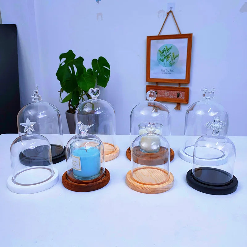 Aromatherapy candle holder ornaments dust-proof glass cover wooden base display box home decoration