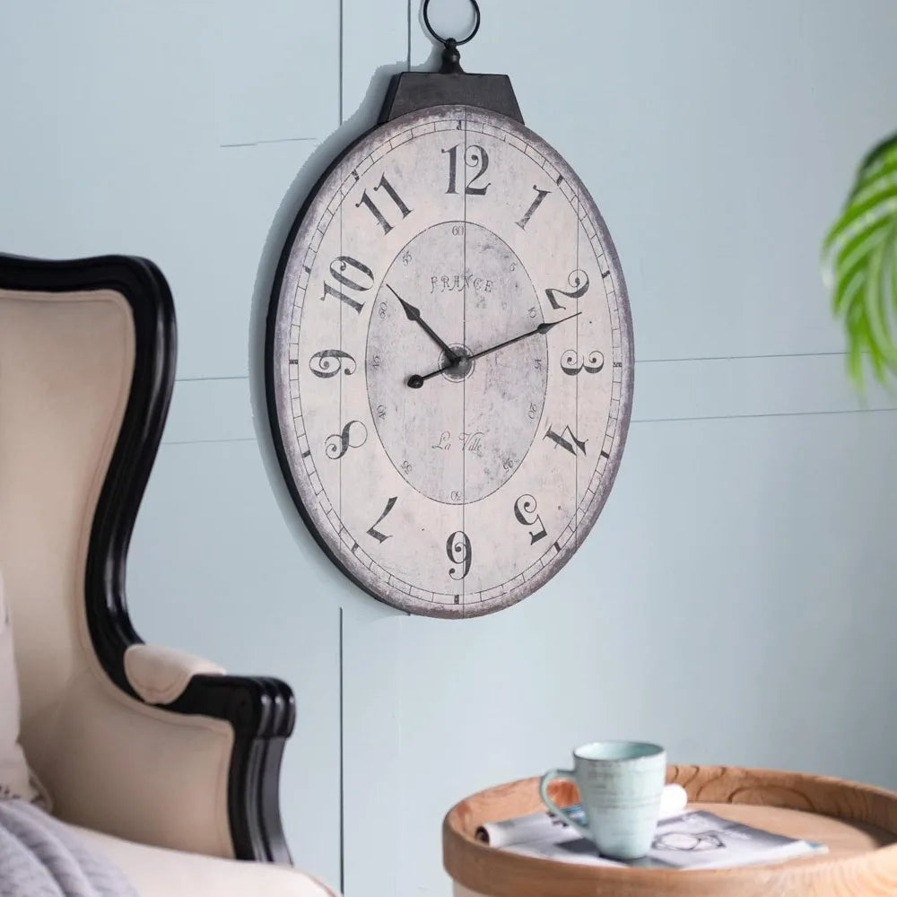 Rustic farmhouse style oval wall clock - 18 x 29 inches solid wood silent non-ticking battery-powered decorative for li