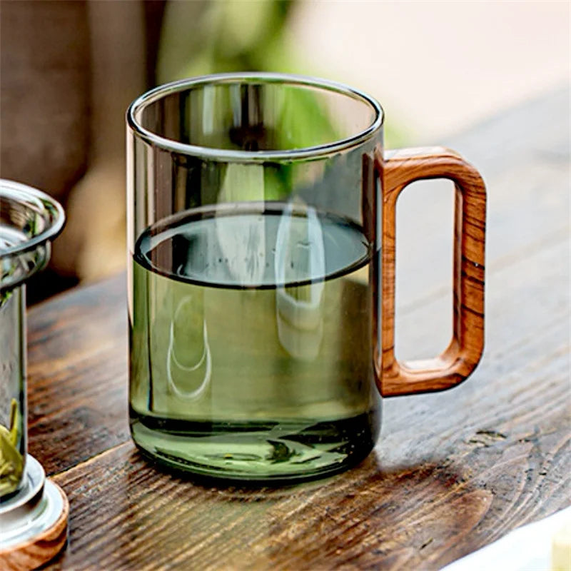 400ml high borosilicate glass coffee mug with walnut wooden handle heat-resistant tea breakfast milk cups and mugs