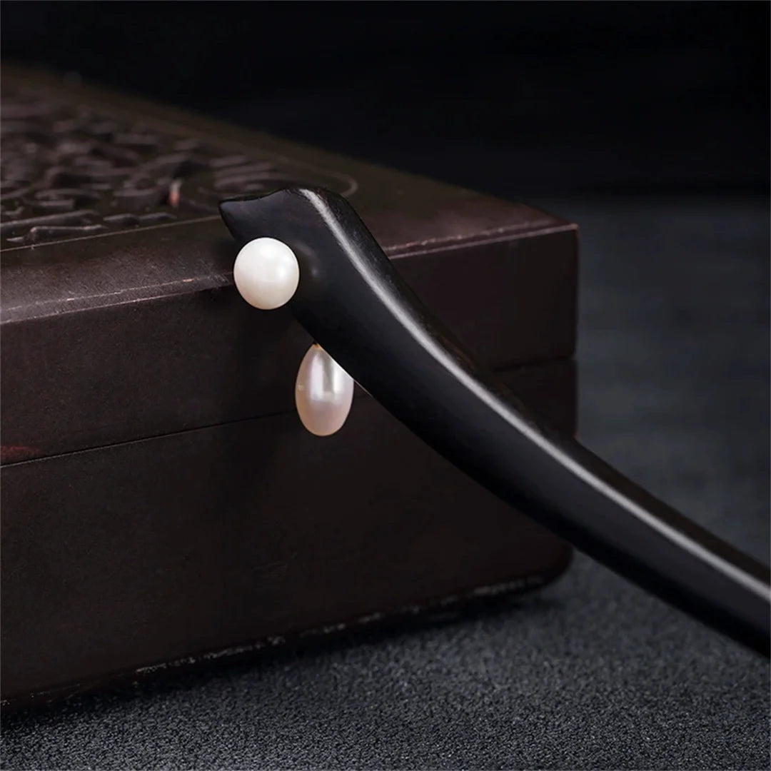 New100% s925 pure silver women’s elegant hairpin retro ebony wood lotus pearl blossom chinese style hanfu hair jewelry