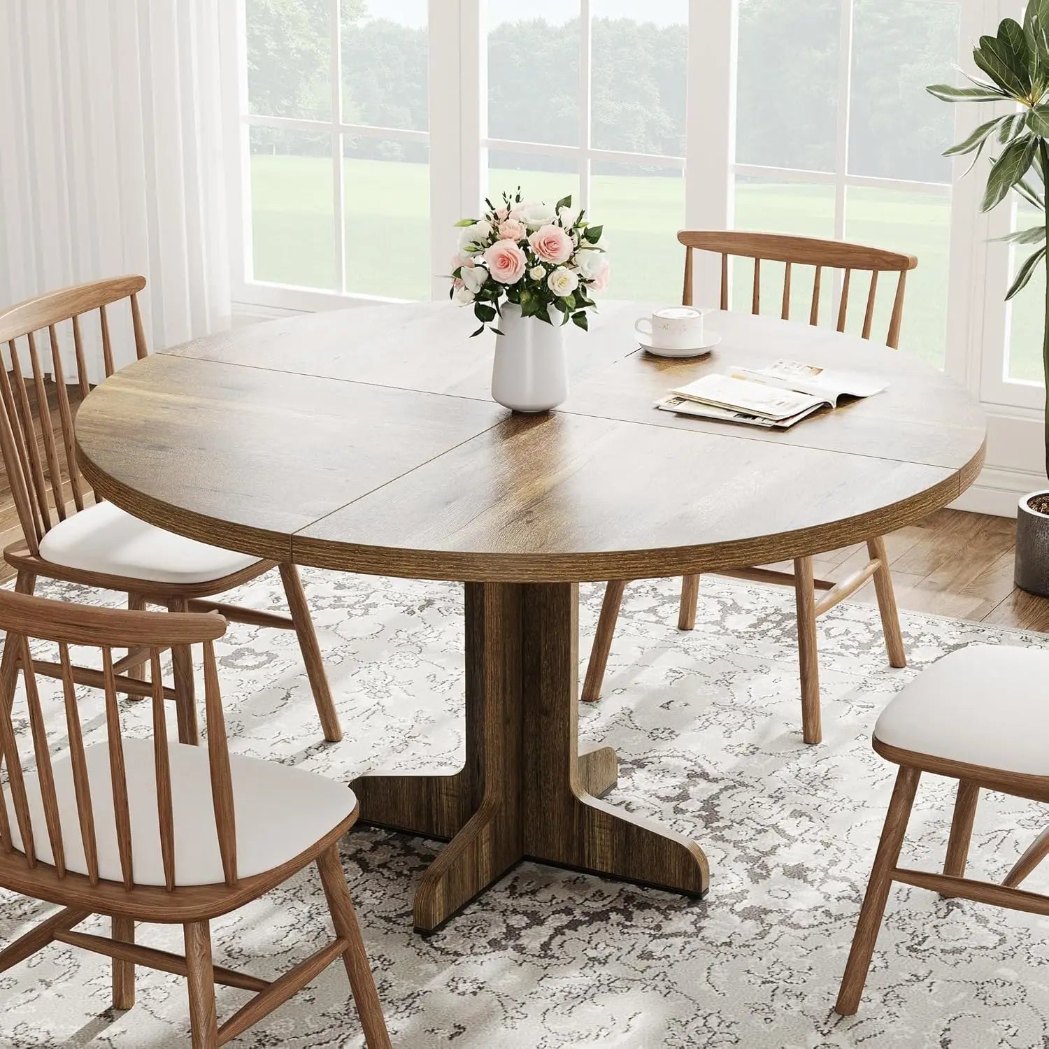 Round dining table for 4 47 inch farmhouse circle kitchen with wood tabletop and stable base home room living