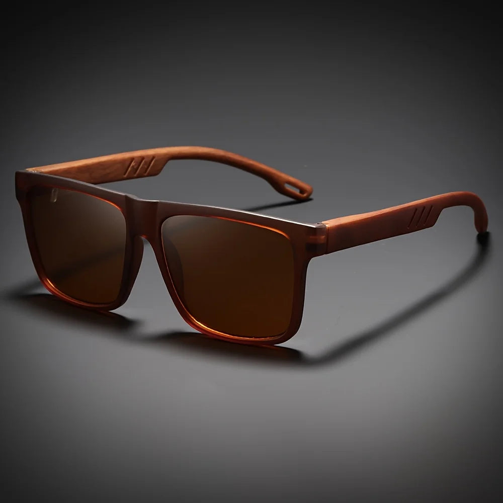 Retro square sunglasses wood-grain temple lightweight spring hinges uv400 daily casual unisex vintage eyewear - united