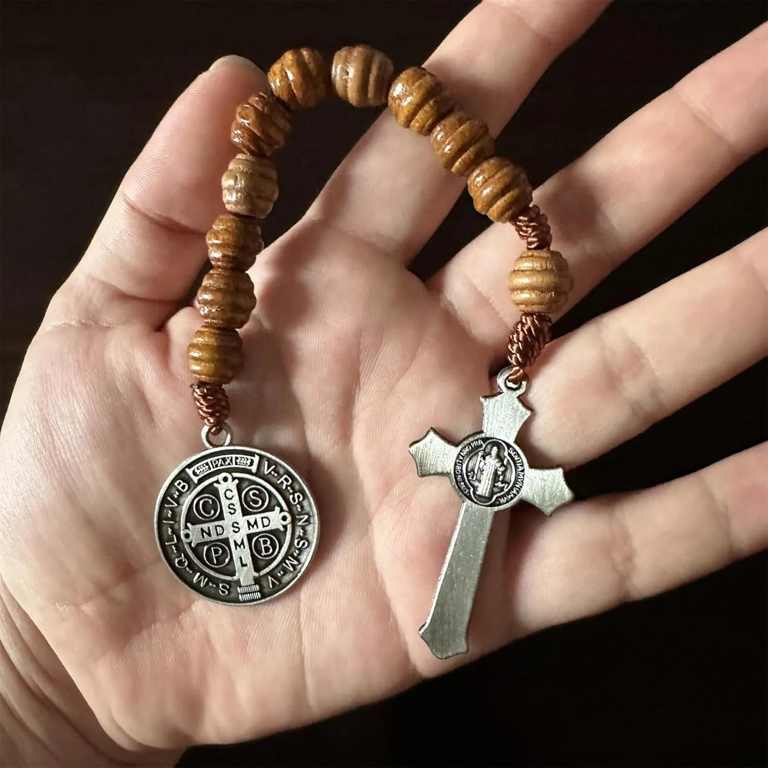 saint-benedict-medal-prayer-pocket-rosary-catholic-brown-wood-beads-with-medalla-de-san-benitol-and-crucifix-9-inchsilver