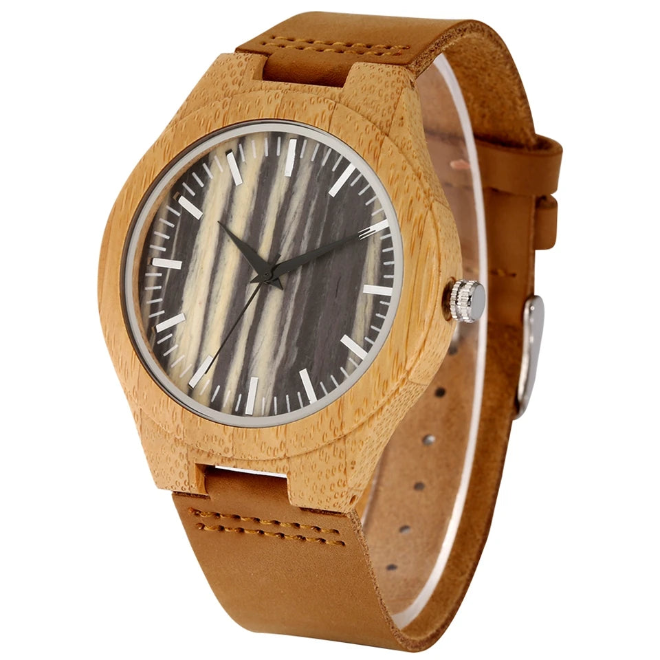 Men’s watches fashion blue dial simple leather band quartz wristwatch bamboo wooden watch male present a gift for men