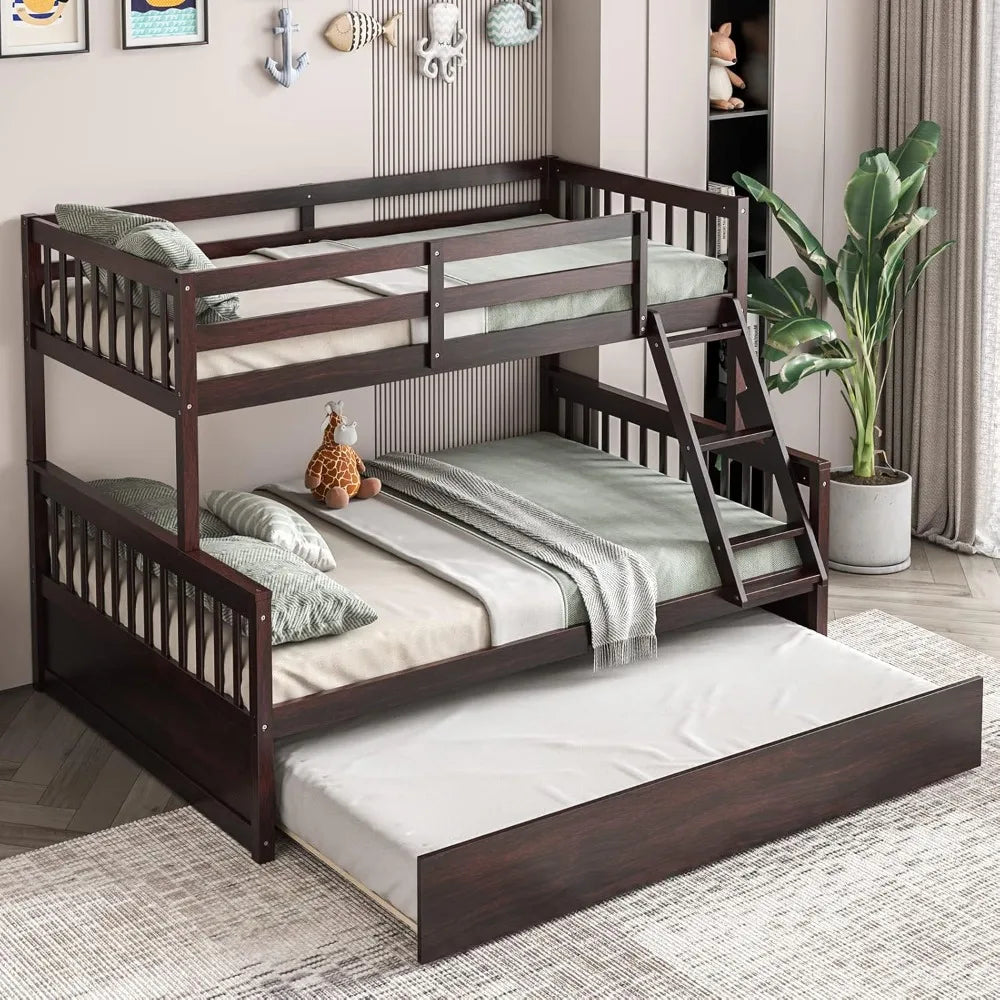 Wood twin over full bunk bed with trundle frame solid pine space-saving ladder & safety