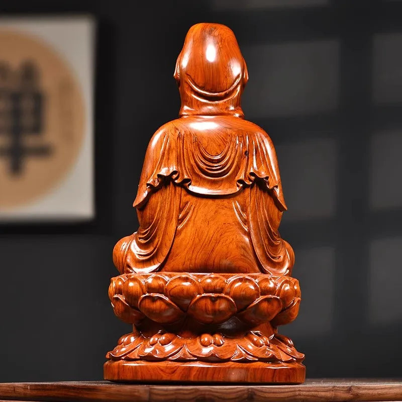 Solid wood carving lotus guanyin statue，safflower pear， black sandalwood wooden buddha statue home feng shui decoration