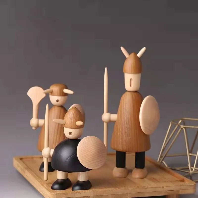 Traditional style wooden dolls for home decor creative wood carved vikings figures designed figurines shelf - decorative