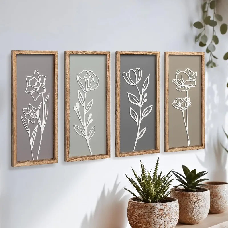 3d wooden floral bathroom wall decor (set of 4) lightweight ready-to-hang framed art for living room bedroom or office