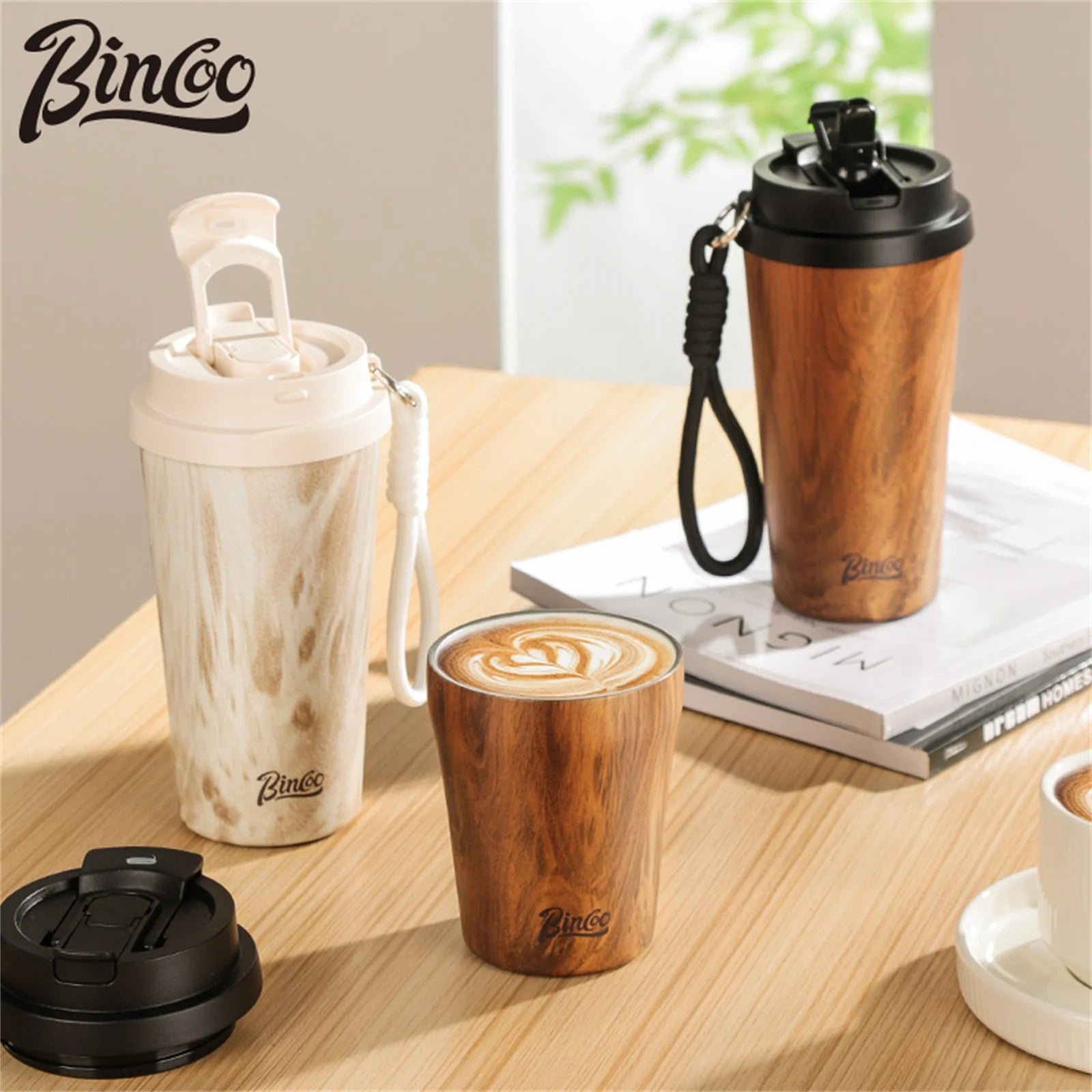 Bincoo 500ml wood grain pattern coffee thermal cup travel mug insulated vaccum portable 304 stainless steel thermos cups