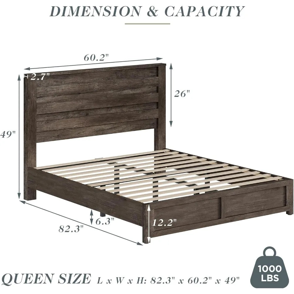 Queen size platform bed frame with 49’’ headboard farmhouse wood slat support/no box spring needed/easy assembly