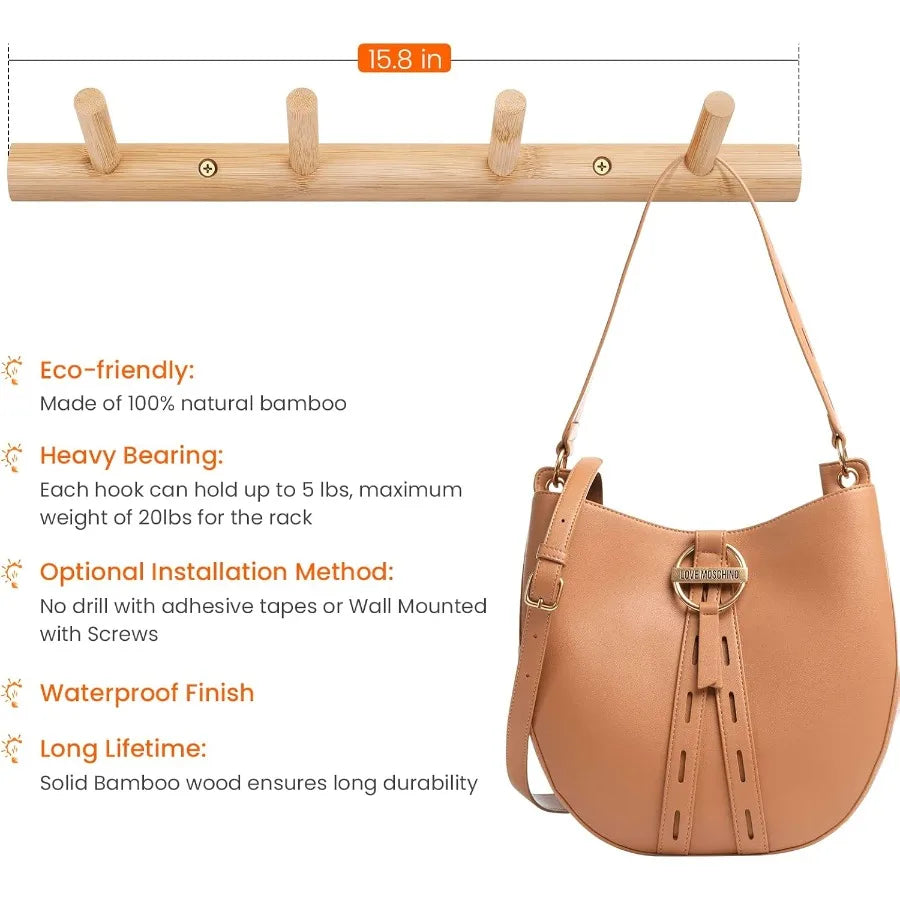 Modern bamboo wooden entryway coat hooks bathroom kitchen towel rack wall mounted hat hanger with 4 hanging pegs tura