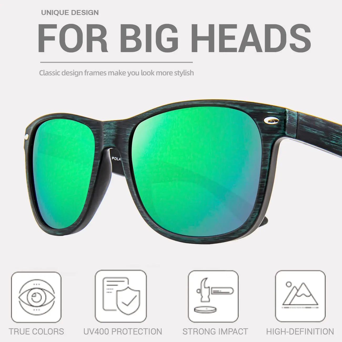 Juli polarized sunglasses for big heads men&women,uv 400 protection wood grain frame 8809 - a9 grain-green / china