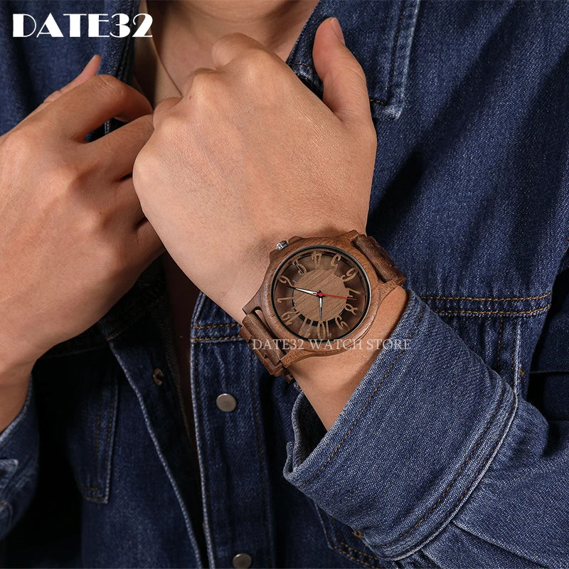Natural bamboo wood watch for men full-wooden hollow case band watches man quartz wristwatch real wooden clock male