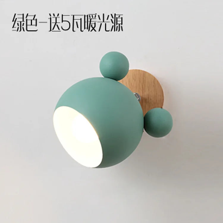 Nordic creative macaron simple personality bedroom mickey cartoon warm children’s room bedside lamp wooden wall - green