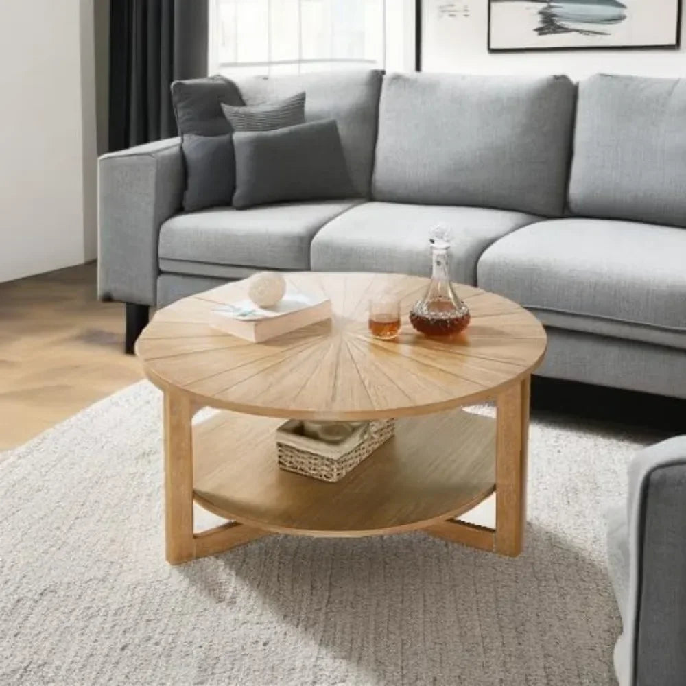 Wood round coffee table for living room 2 tier circle rustic with storage apartment