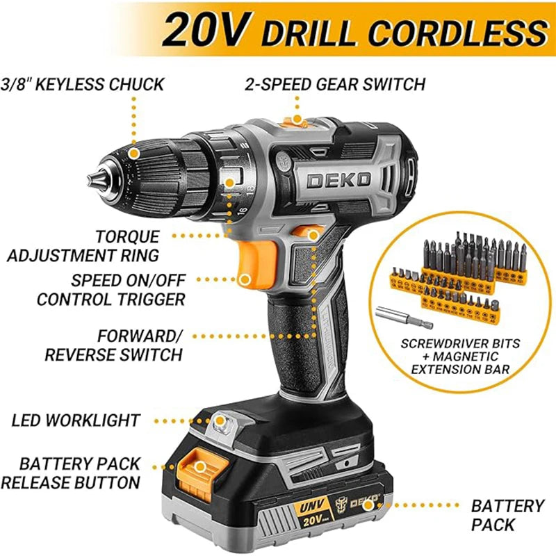 Deko 20v cordless drill kit with battery men’s manual repair basic toolbox suitable for household tools