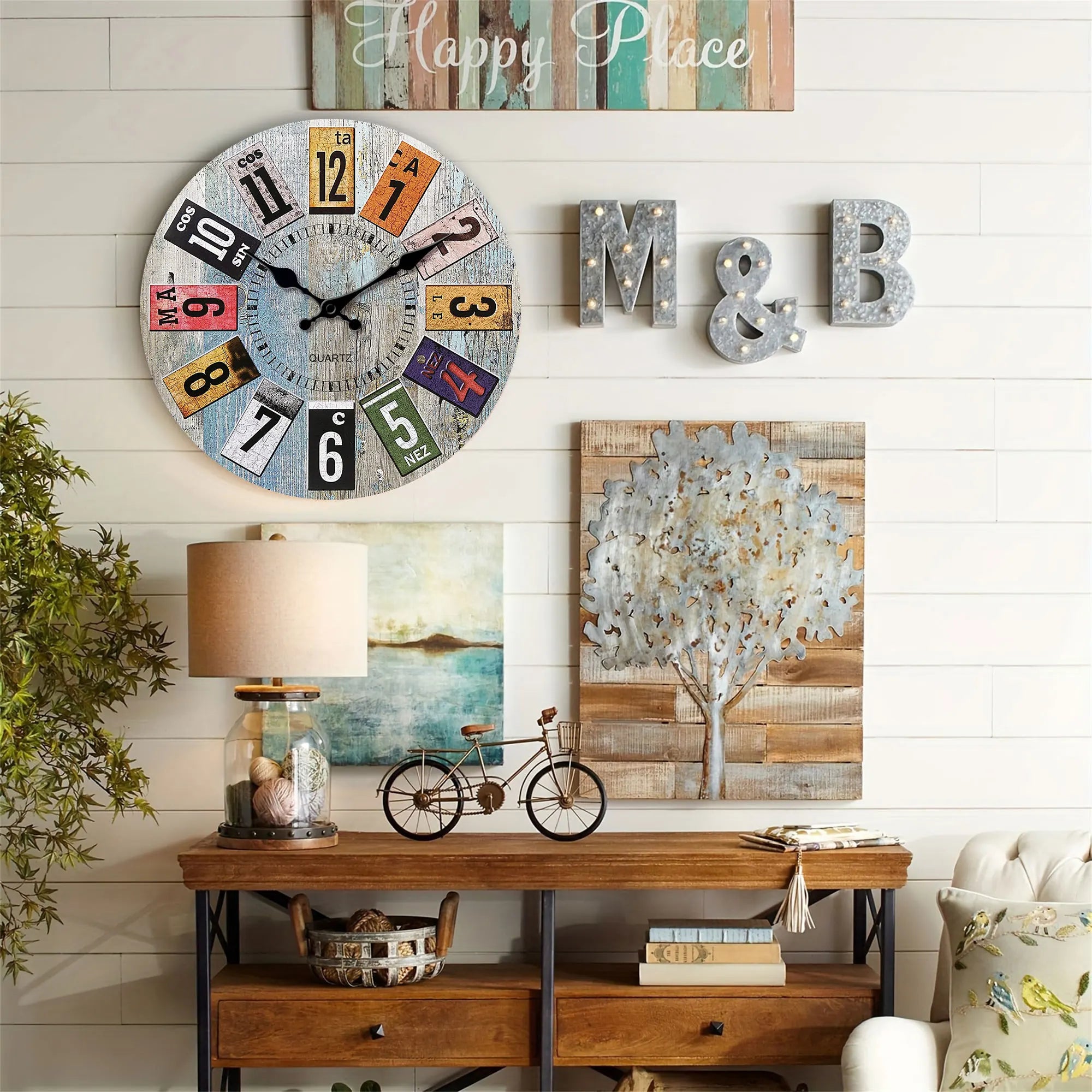 Nordic vintage style wooden wall clock light blue wood texture with colorful arabic numerals design silent f