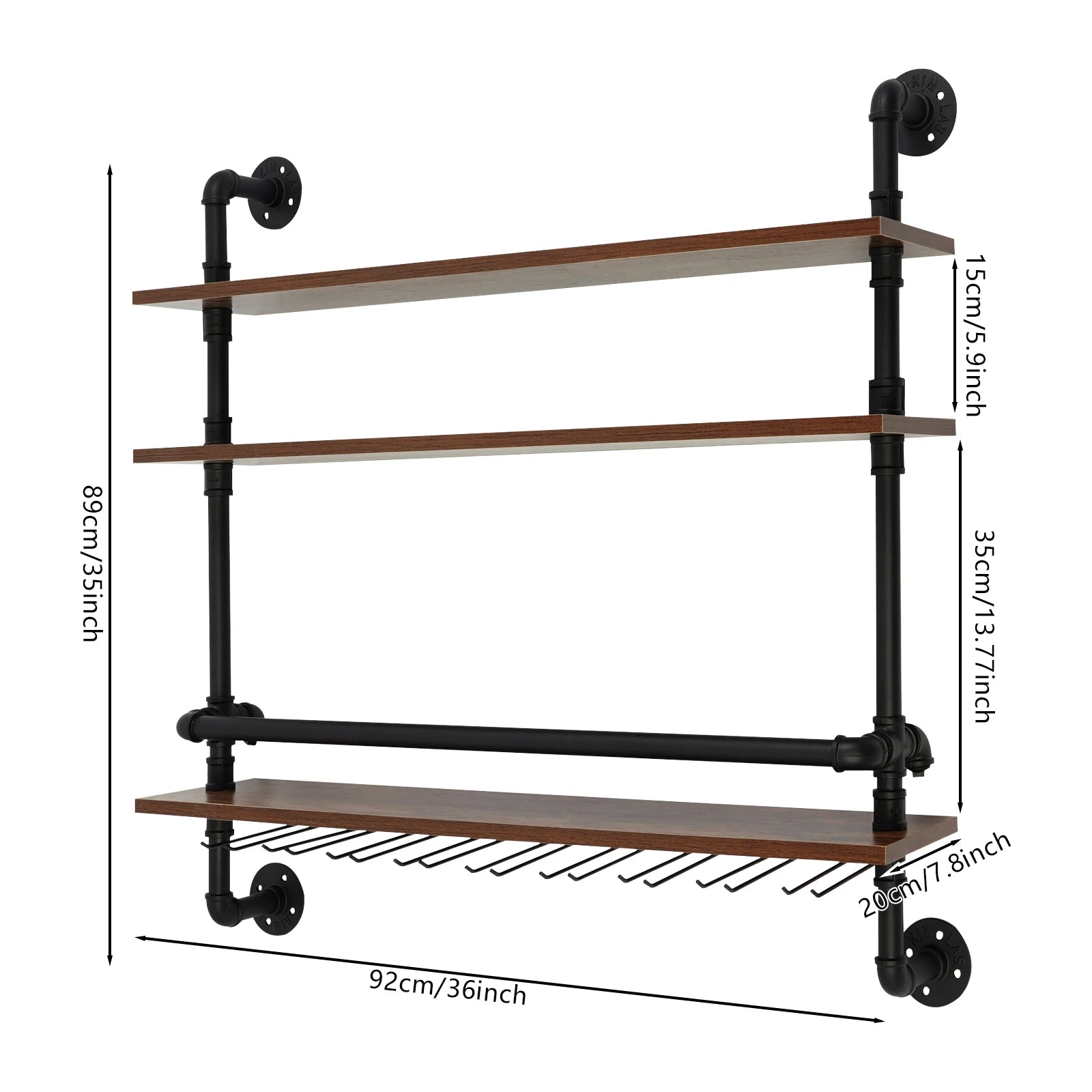 Industrial 3-tier wall mounted wine rack with glass holders guard rails iron wood for bottle storage floating shelves