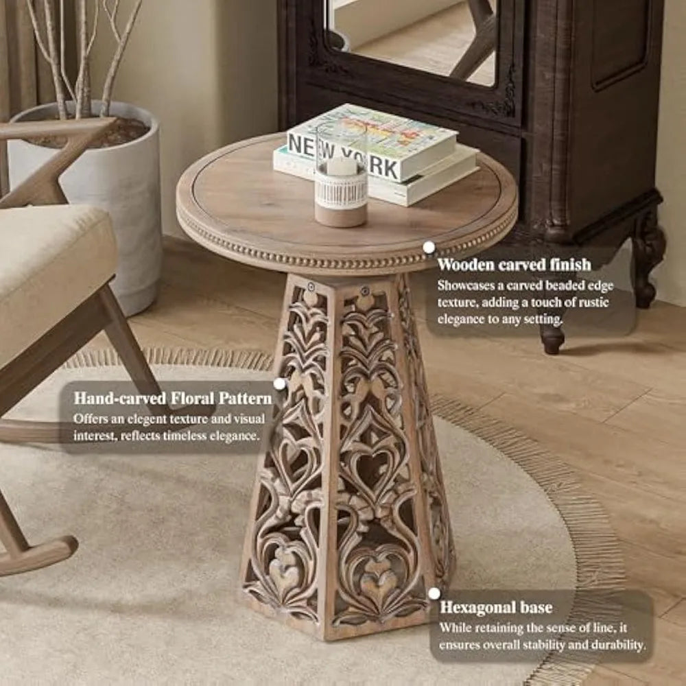 Vintage-style round wooden side table with detailed carved flowers suitable for bohemian living room decor - distressed