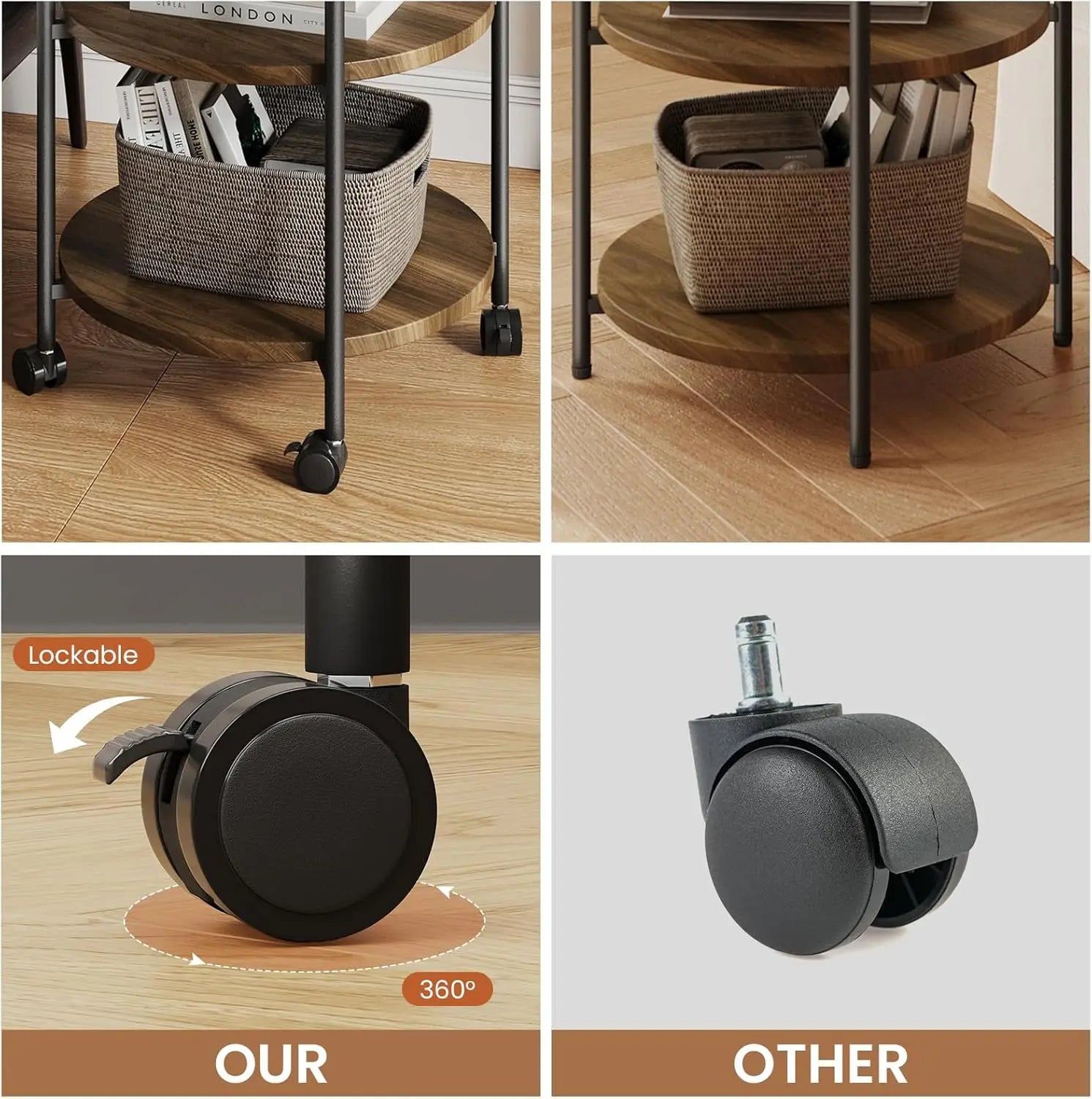 Side table 3-tier modern end with wheels small round nightstand bedside for living room bedroom or spaces-