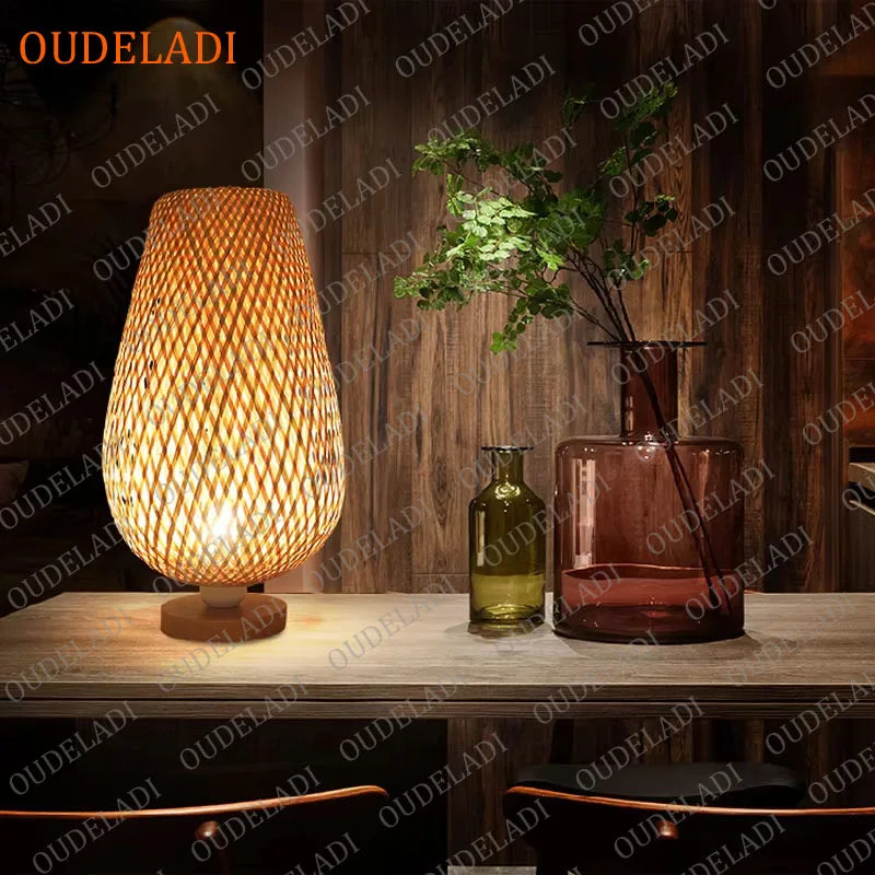 Oudeladi vintage bamboohandicraft table lamps handmade bedroom bedside desk lights living room decor warm bamboo wood