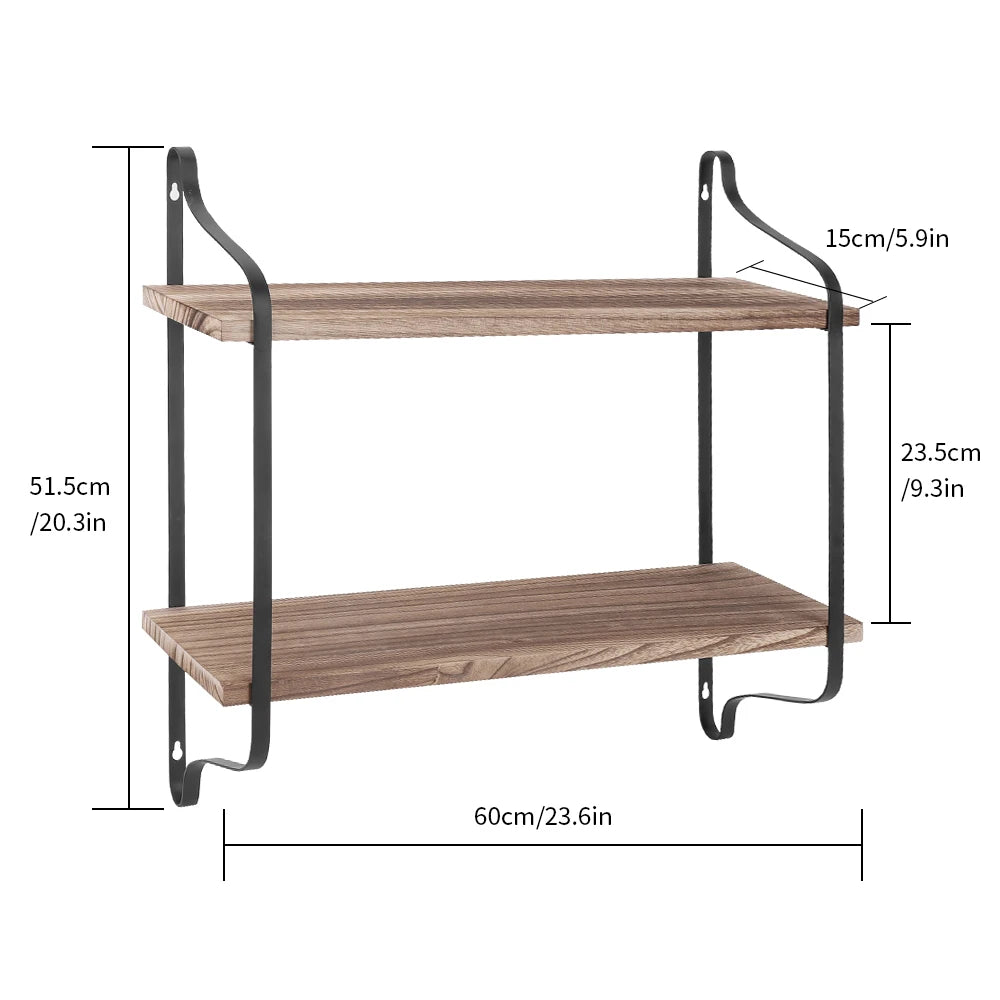 Wall mounted rack display wood shelves rustic 2-tier storage shelf for bedroom living room