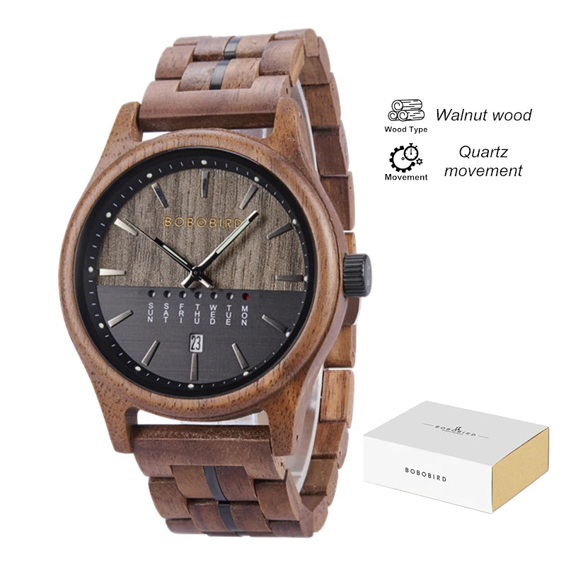 Bobo bird men’s watches niche wooden wristwatch unique quartz watch for men week & date display customized drop